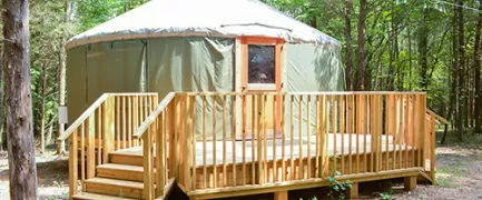 Each climate-controlled yurt has 6 bunk beds and can sleep up to 12 guests.